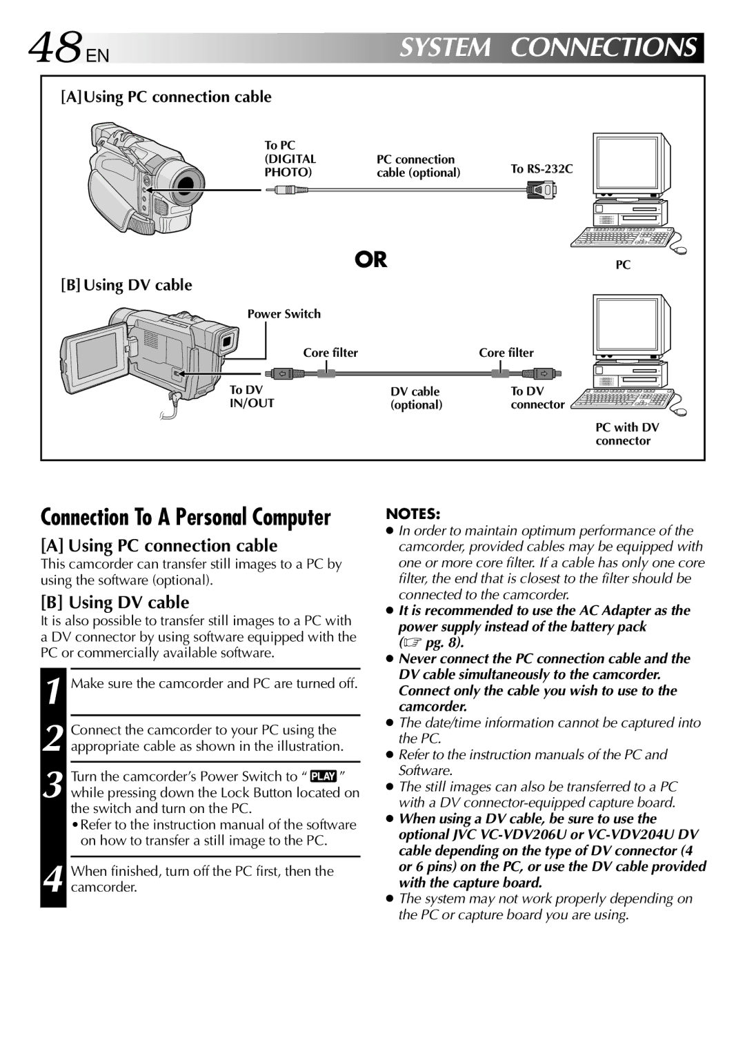 JVC GR-DVL210 specifications System, Using DV cable, AUsing PC connection cable 