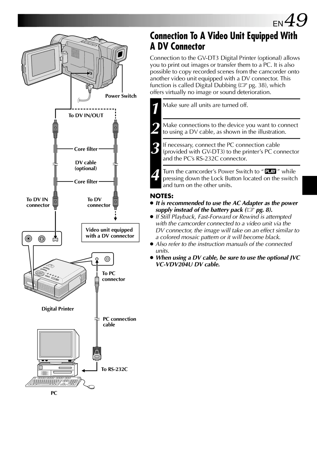 JVC GR-DVL210 specifications Connection To a Video Unit Equipped With a DV Connector 