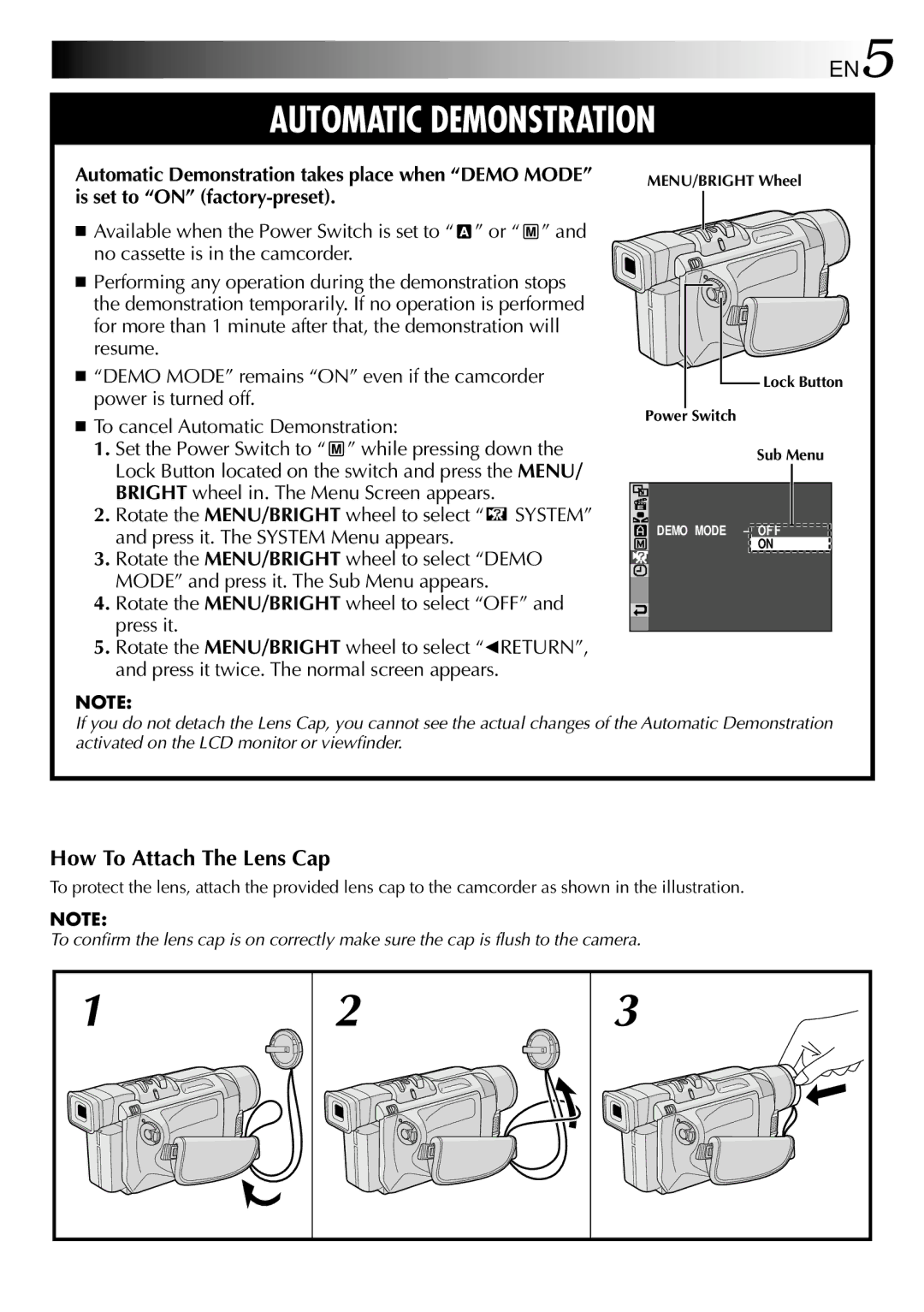 JVC GR-DVL210 specifications Automatic Demonstration, How To Attach The Lens Cap 