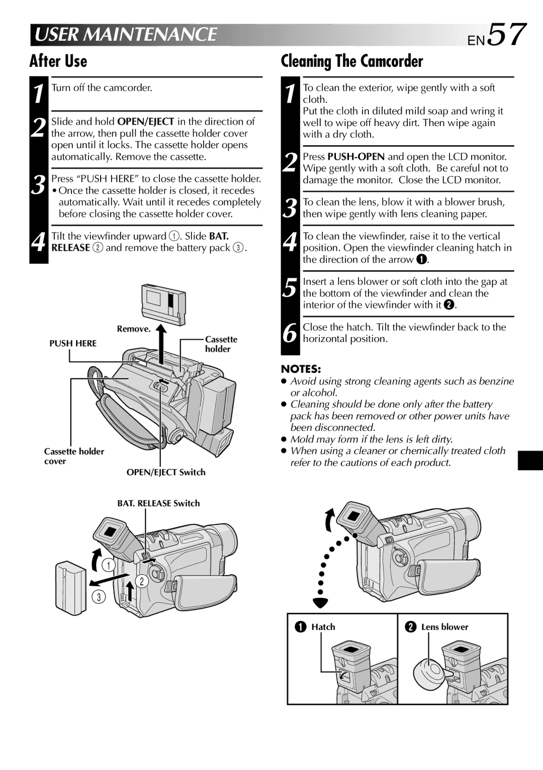 JVC GR-DVL210 specifications User Maintenance, After Use Cleaning The Camcorder, Turn off the camcorder 