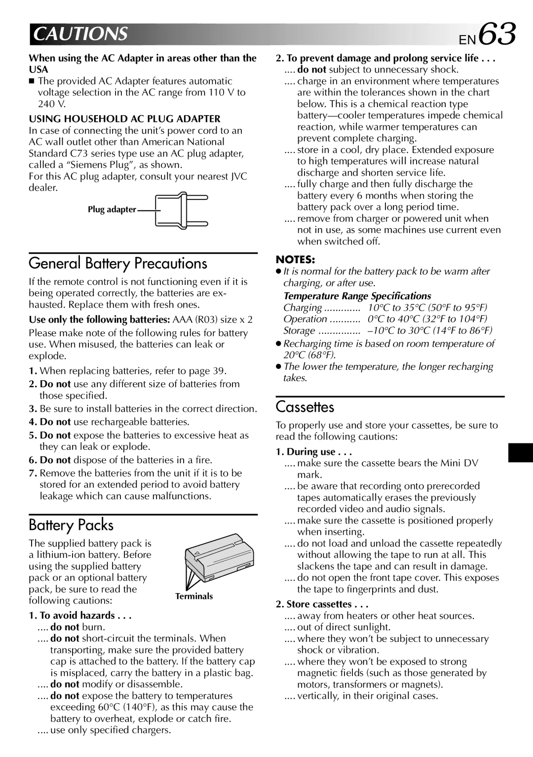 JVC GR-DVL210 specifications Temperature Range Specifications 