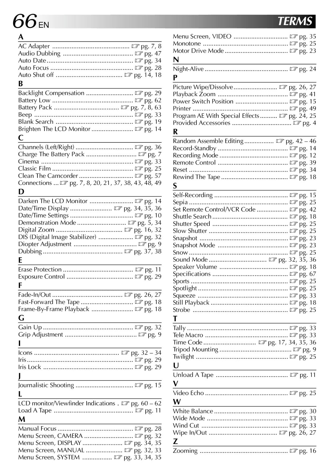 JVC GR-DVL210 specifications 66 EN, Terms 