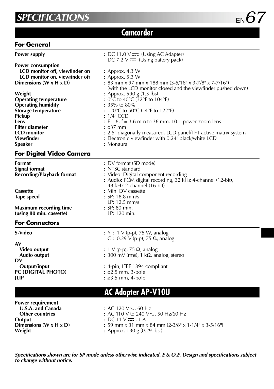 JVC GR-DVL210 specifications Specifications, For General, For Digital Video Camera, For Connectors 