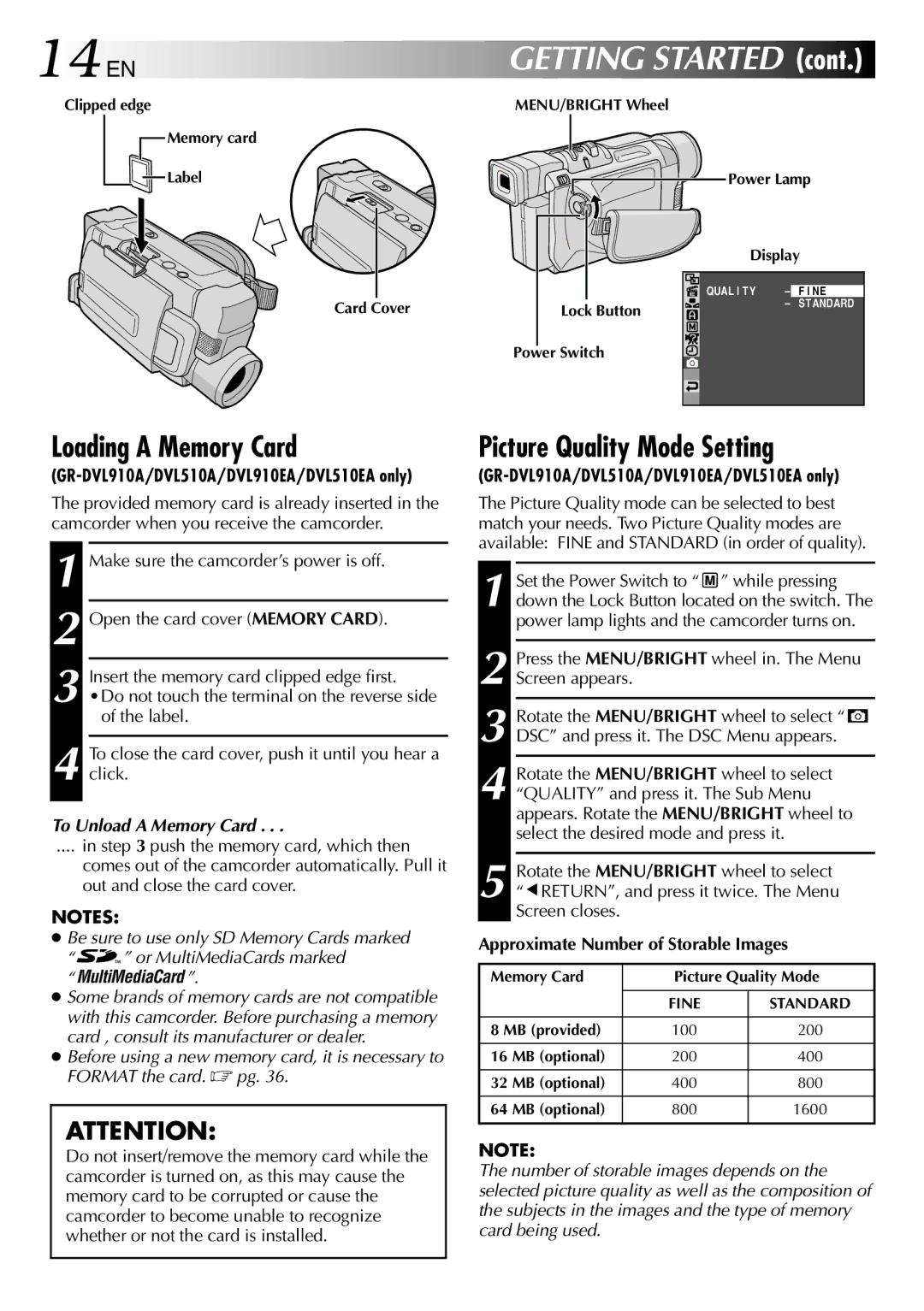 JVC GR-DVL510A, GR-DVL210A, GR-DVL210EA Loading a Memory Card, Picture Quality Mode Setting, To Unload a Memory Card 