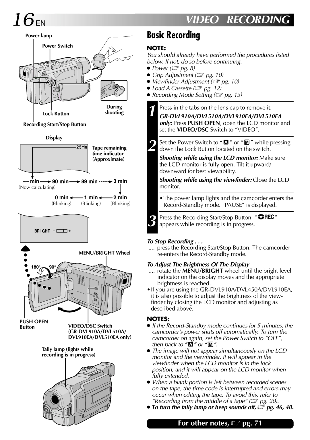 JVC GR-DVL450A 16 EN, Video Recording, Basic Recording, To Stop Recording, To Adjust The Brightness Of The Display 