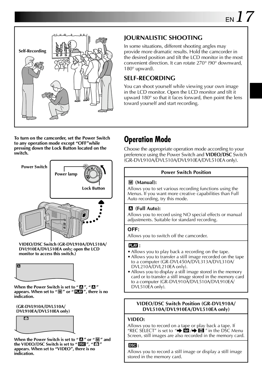 JVC GR-DVL310A, GR-DVL210A, GR-DVL210EA, GR-DVL313A, GR-DVL910A Operation Mode, EN17, Journalistic Shooting, Self-Recording 