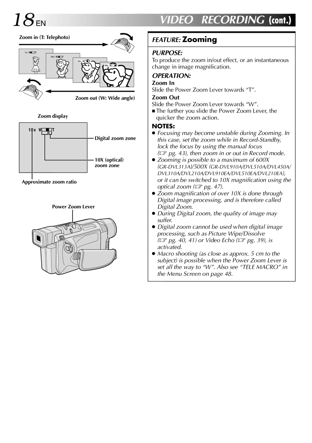 JVC GR-DVL210A, GR-DVL210EA, GR-DVL313A, GR-DVL910A, GR-DVL910EA 18 EN, Slide the Power Zoom Lever towards T, Zoom Out 