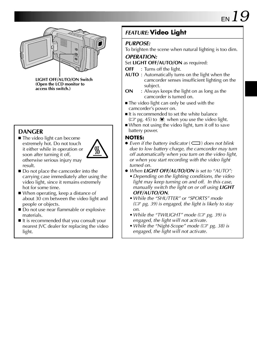 JVC GR-DVL210EA, GR-DVL210A, GR-DVL313A EN19, Feature Video Light, To brighten the scene when natural lighting is too dim 