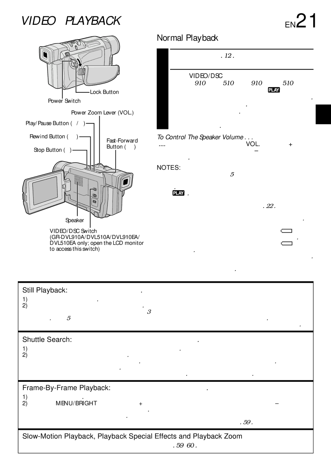 JVC GR-DVL910A, GR-DVL210A, GR-DVL210EA, GR-DVL313A Video Playback, Normal Playback, EN21, To Control The Speaker Volume 