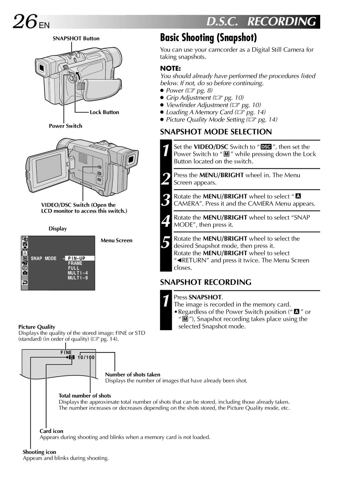 JVC GR-DVL310A, GR-DVL210A 26 EN, Basic Shooting Snapshot, Snapshot Mode Selection, Snapshot Recording, Press Snapshot 