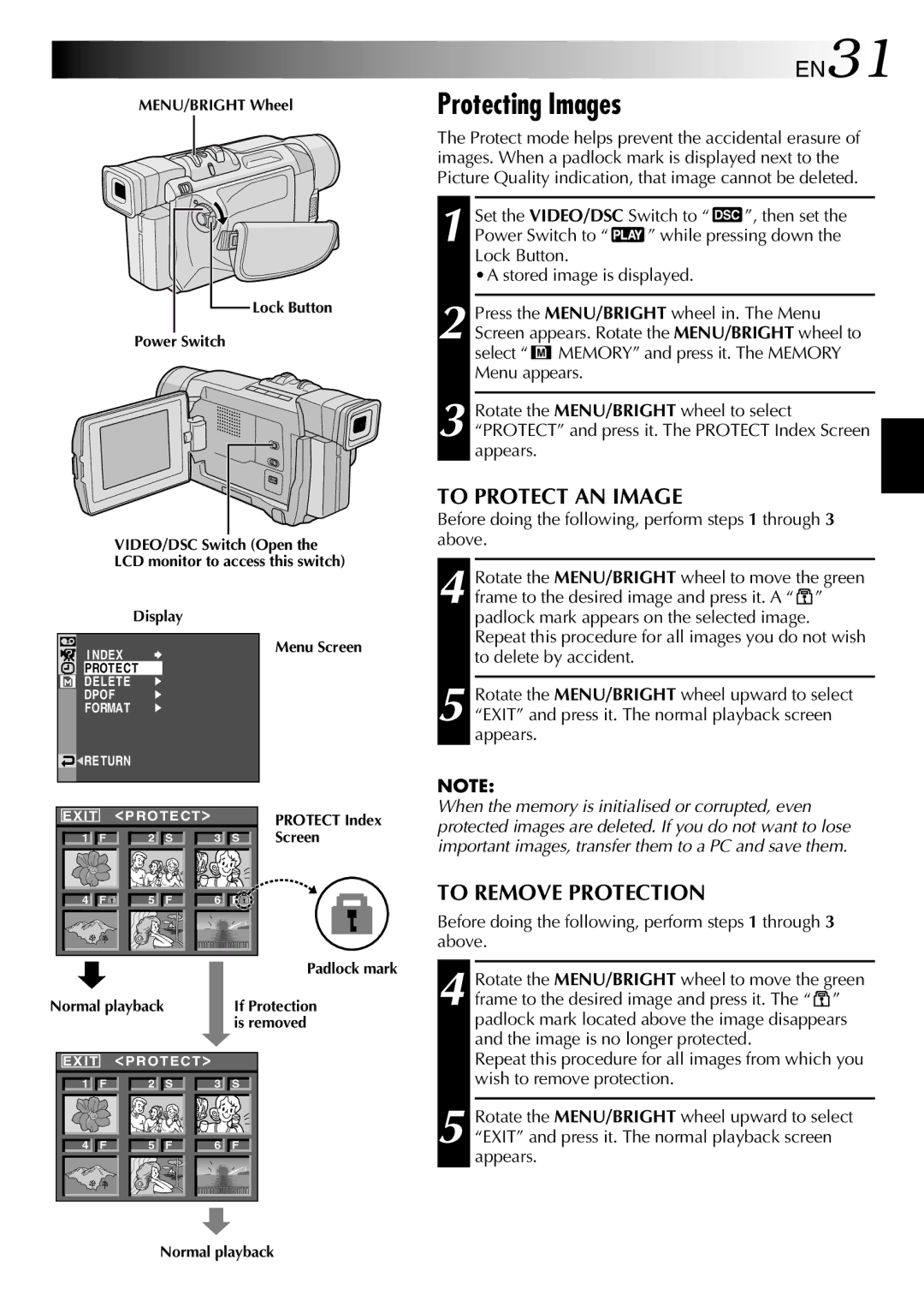 JVC GR-DVL910EA, GR-DVL210A, GR-DVL210EA, GR-DVL313A Protecting Images, EN31, To Protect AN Image, To Remove Protection 