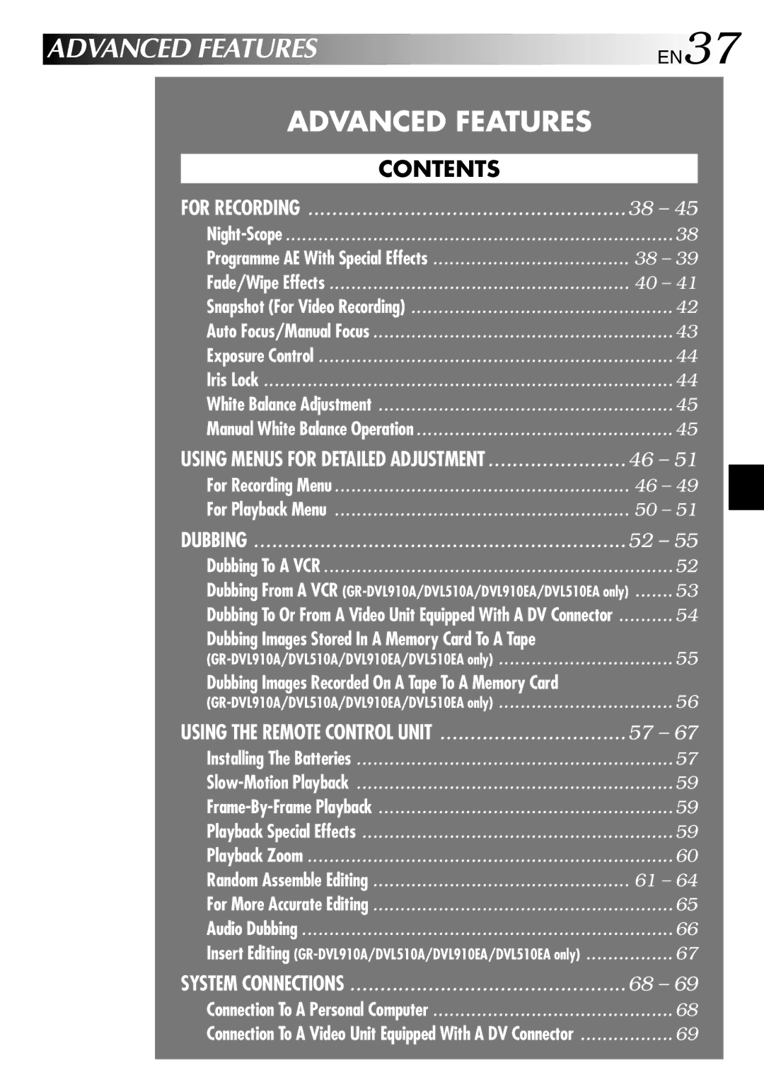 JVC GR-DVL210EA, GR-DVL210A, GR-DVL313A, GR-DVL910A, GR-DVL910EA, GR-DVL510A, GR-DVL510EA Advanced Features, For Recording 