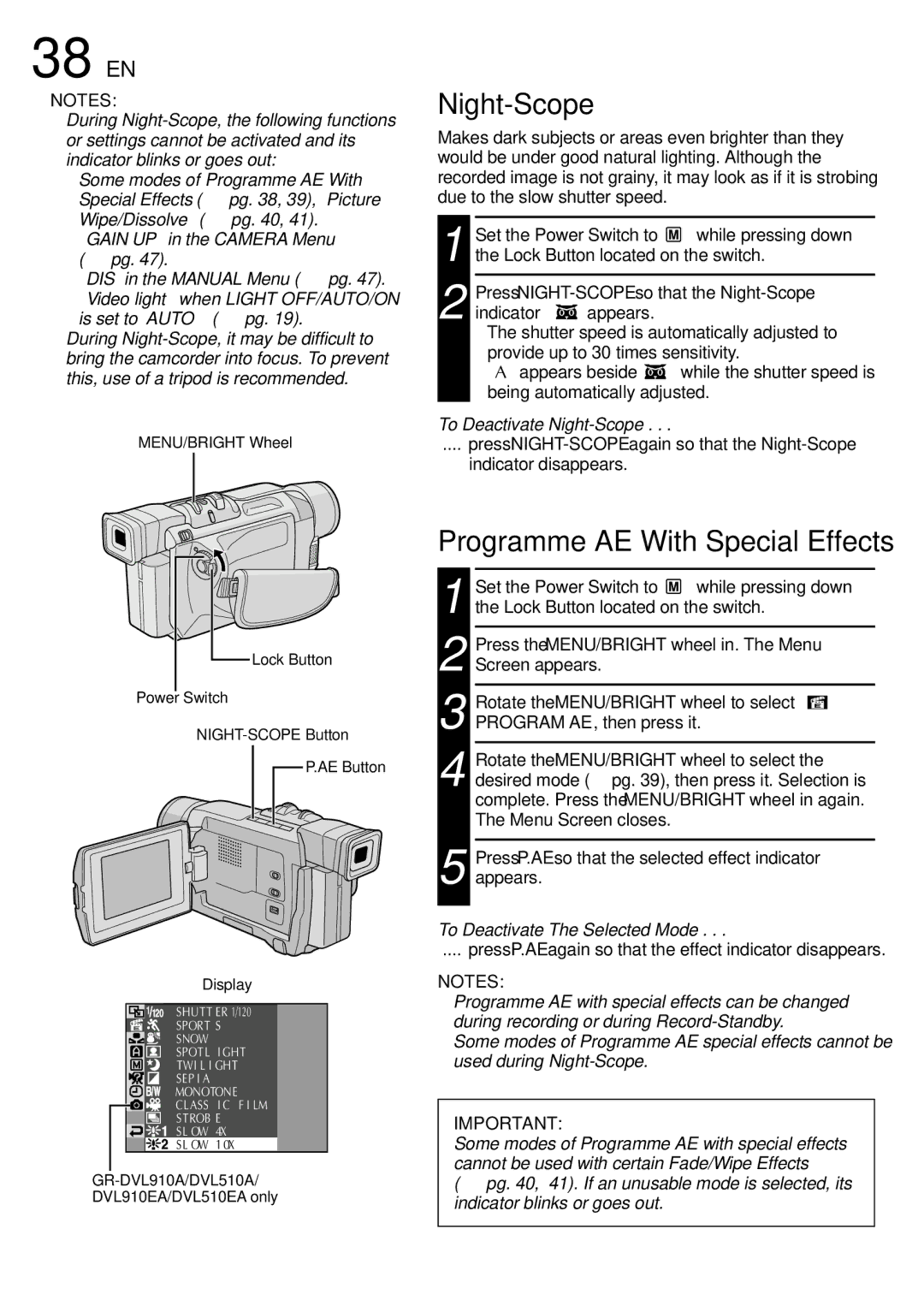 JVC GR-DVL313A, GR-DVL210A, GR-DVL210EA, GR-DVL910A 38 EN, For Recording, Night-Scope, Programme AE With Special Effects 