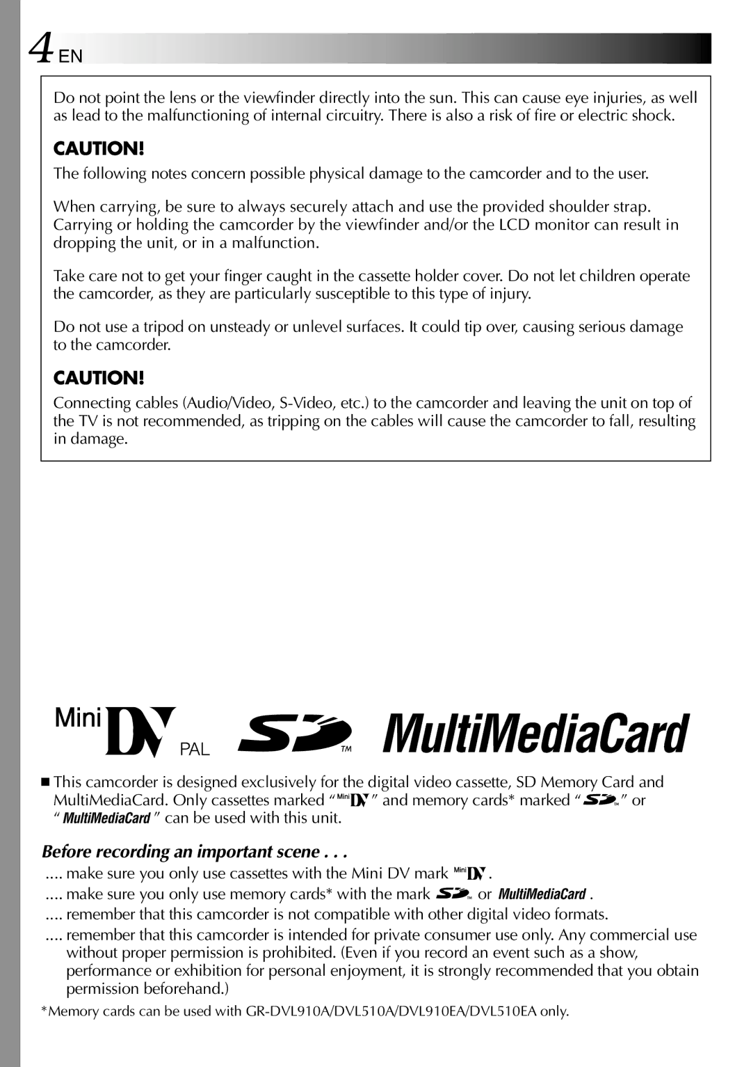 JVC GR-DVL910EA, GR-DVL210A Before recording an important scene, Make sure you only use cassettes with the Mini DV mark 