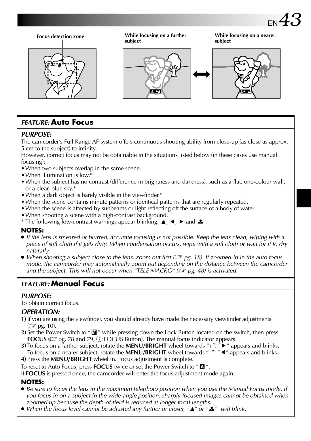 JVC GR-DVL450A, GR-DVL210A, GR-DVL210EA, GR-DVL313A EN43, Feature Auto Focus, Feature Manual Focus, To obtain correct focus 