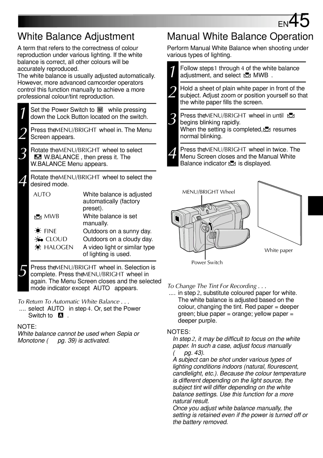 JVC GR-DVL210A White Balance Adjustment, Manual White Balance Operation, EN45, To Return To Automatic White Balance 