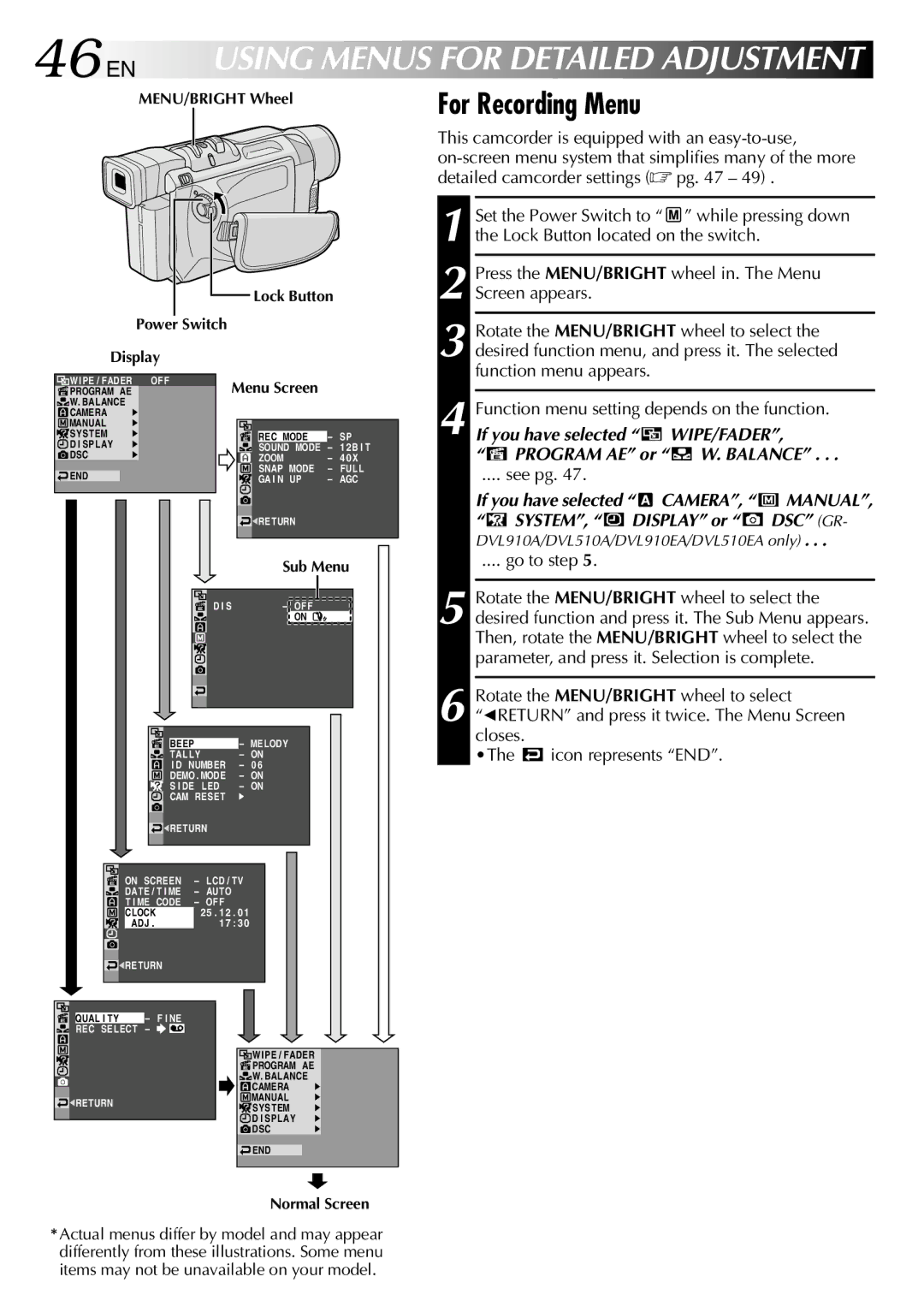 JVC GR-DVL210EA, GR-DVL210A, GR-DVL313A EN Using Menus for Detailed Adjustment, For Recording Menu, See pg, Go to step 