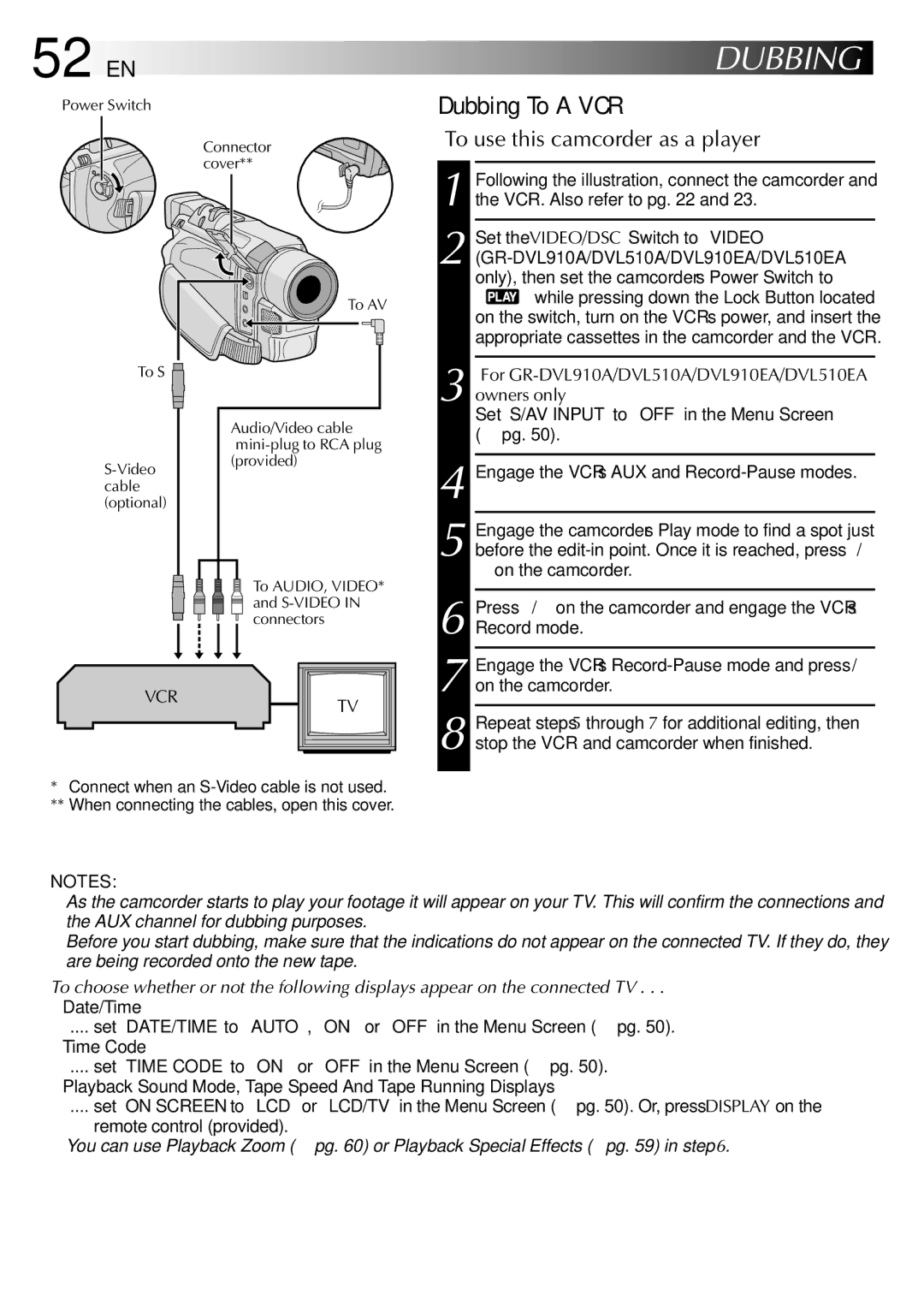JVC GR-DVL450A, GR-DVL210A, GR-DVL210EA, GR-DVL313A 52 EN, Dubbing To a VCR, To use this camcorder as a player 
