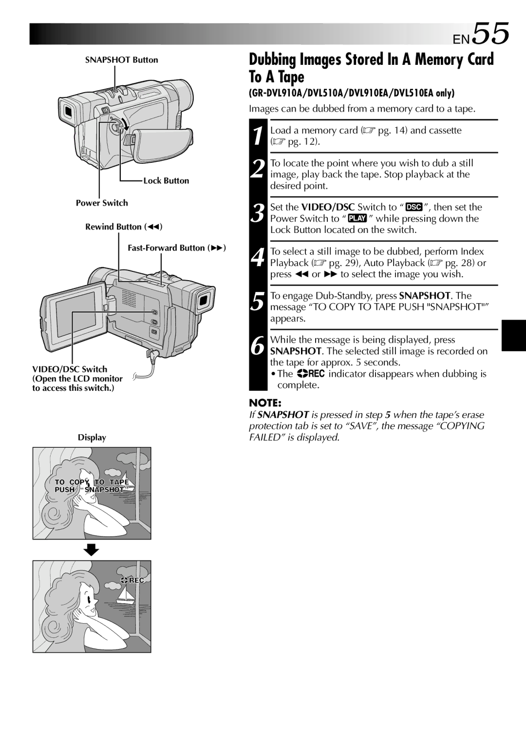 JVC GR-DVL210EA, GR-DVL210A, GR-DVL313A, GR-DVL910A, GR-DVL910EA Dubbing Images Stored In a Memory Card To a Tape, EN55 