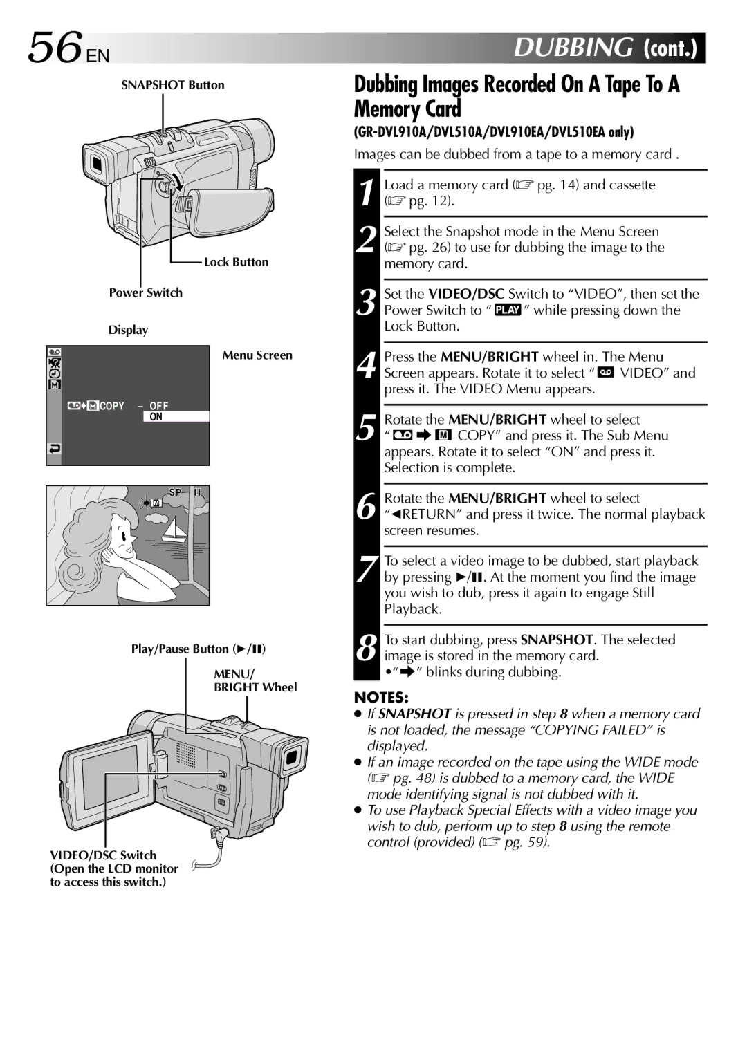 JVC GR-DVL313A, GR-DVL210A, GR-DVL210EA, GR-DVL910A, GR-DVL910EA 56 EN, Dubbing Images Recorded On a Tape To a Memory Card 