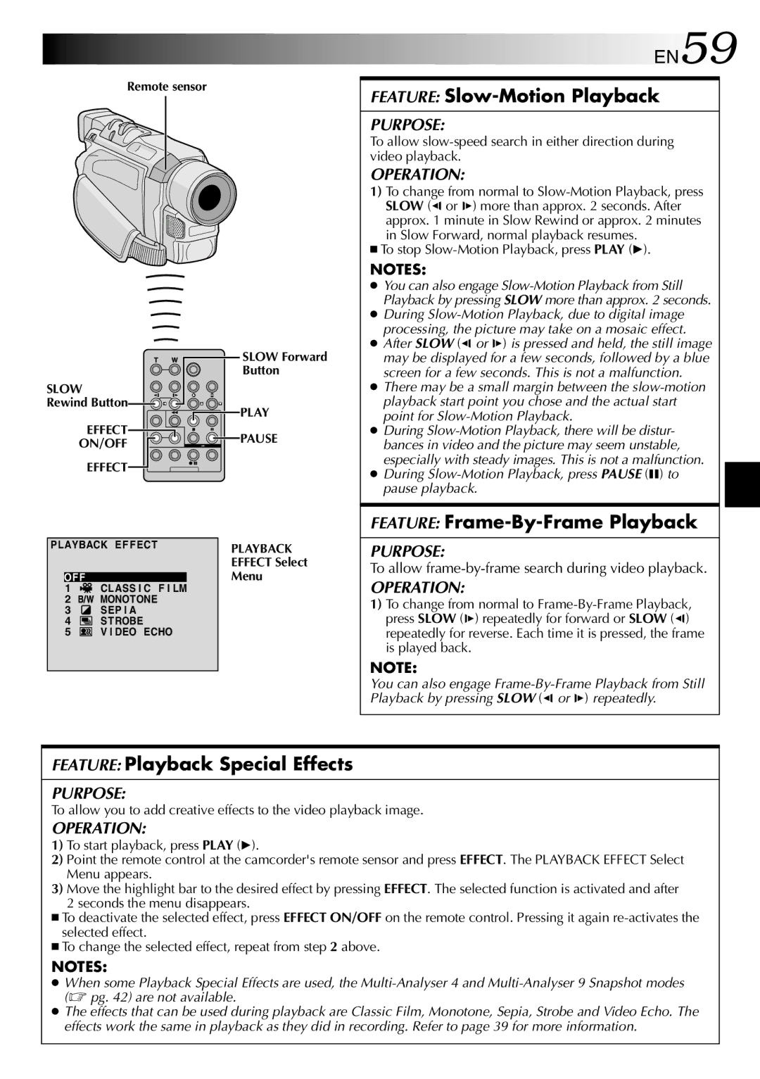 JVC GR-DVL510A EN59, Feature Slow-Motion Playback, Feature Frame-By-Frame Playback, Feature Playback Special Effects 