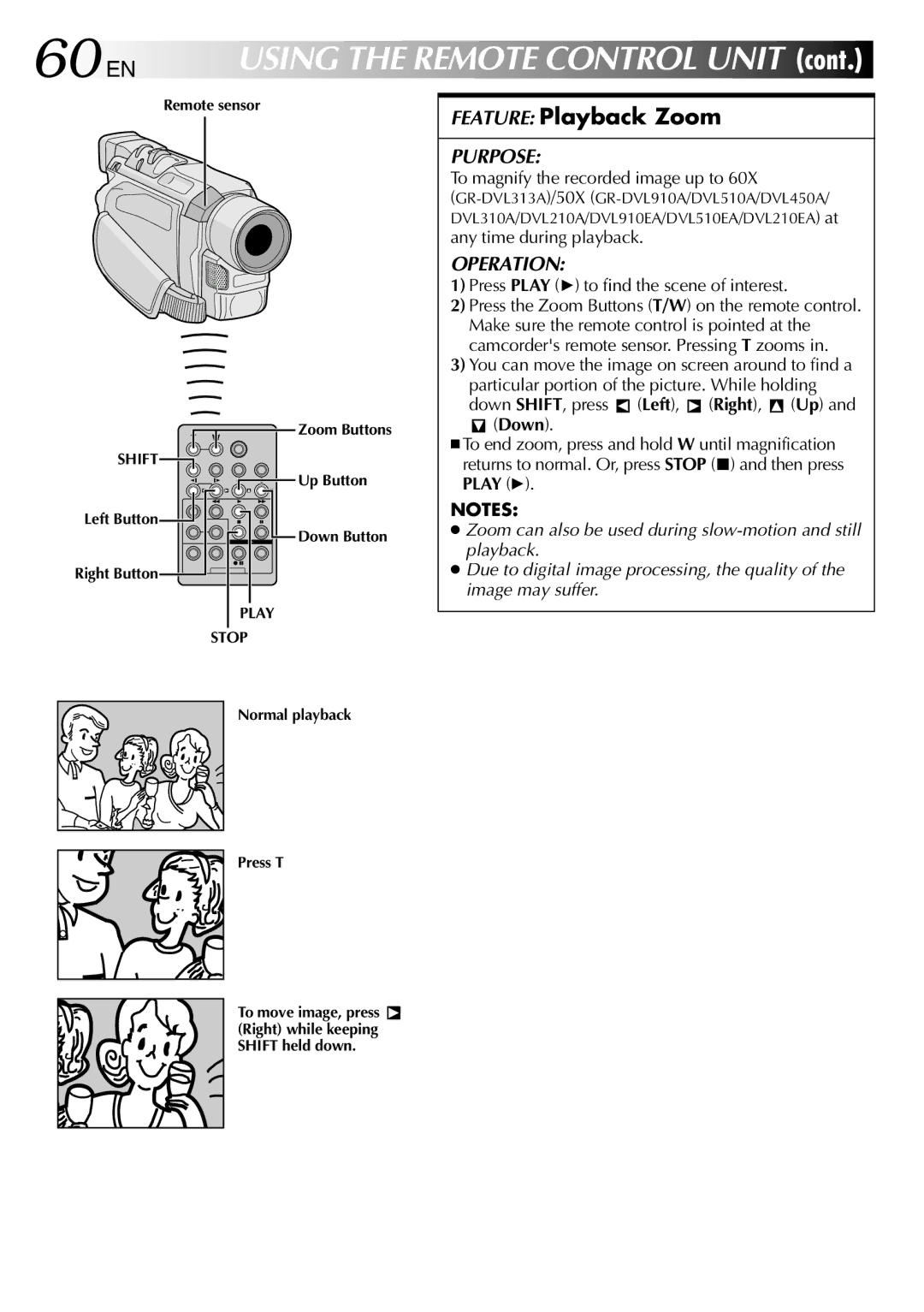 JVC GR-DVL510EA, GR-DVL210A 60 EN, Feature Playback Zoom, To magnify the recorded image up to, Any time during playback 