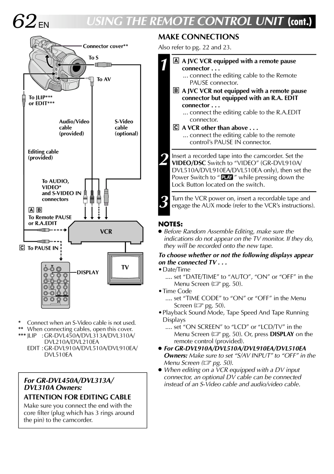 JVC GR-DVL310A Make Connections, Also refer to pg, JVC VCR equipped with a remote pause connector, VCR other than above 