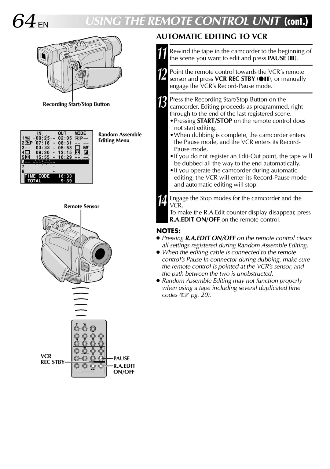 JVC GR-DVL210EA, GR-DVL210A, GR-DVL313A, GR-DVL910A, GR-DVL910EA, GR-DVL510A, GR-DVL510EA 64 EN, Automatic Editing to VCR 