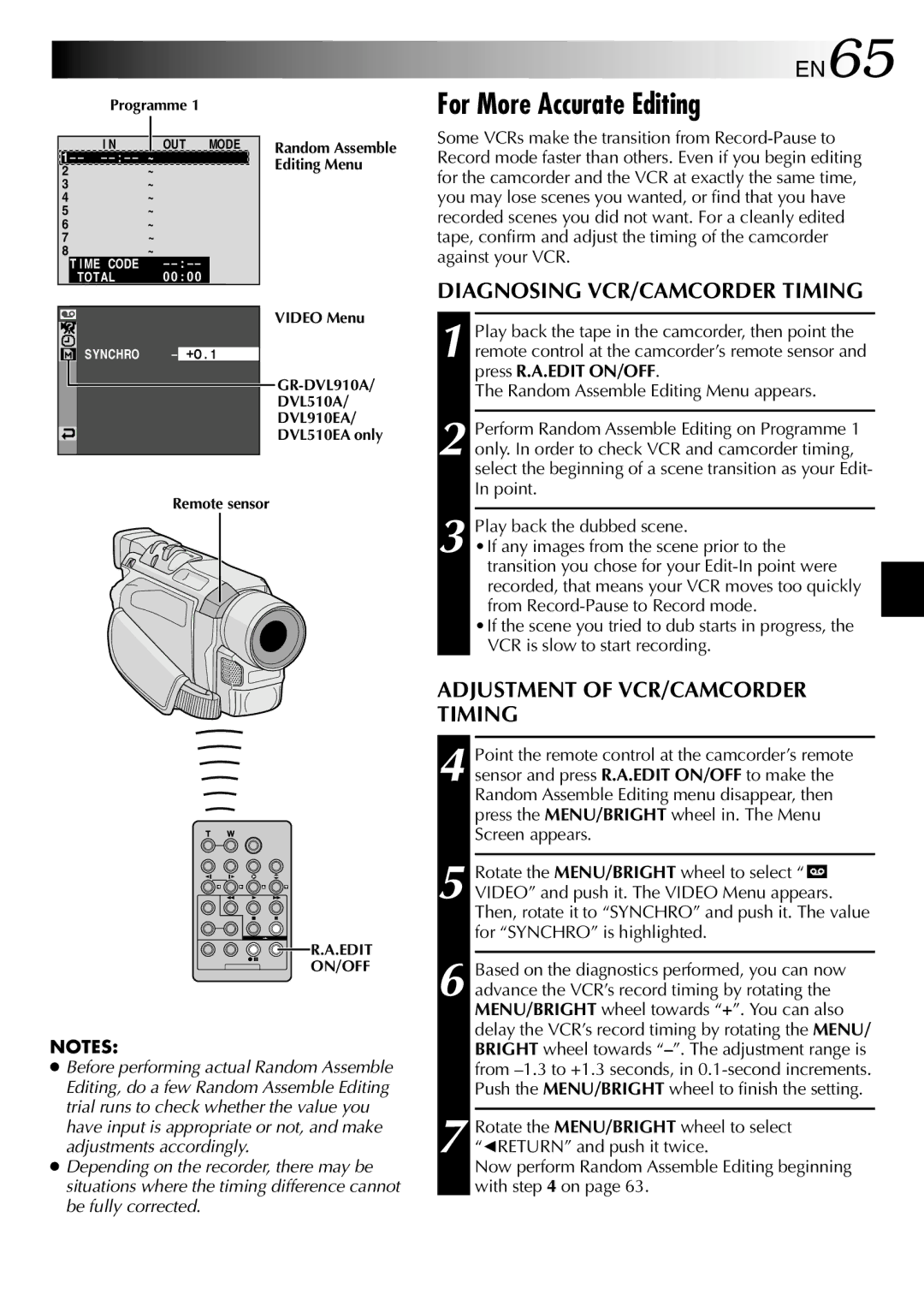 JVC GR-DVL313A For More Accurate Editing, EN65, Diagnosing VCR/CAMCORDER Timing, Adjustment of VCR/CAMCORDER Timing 