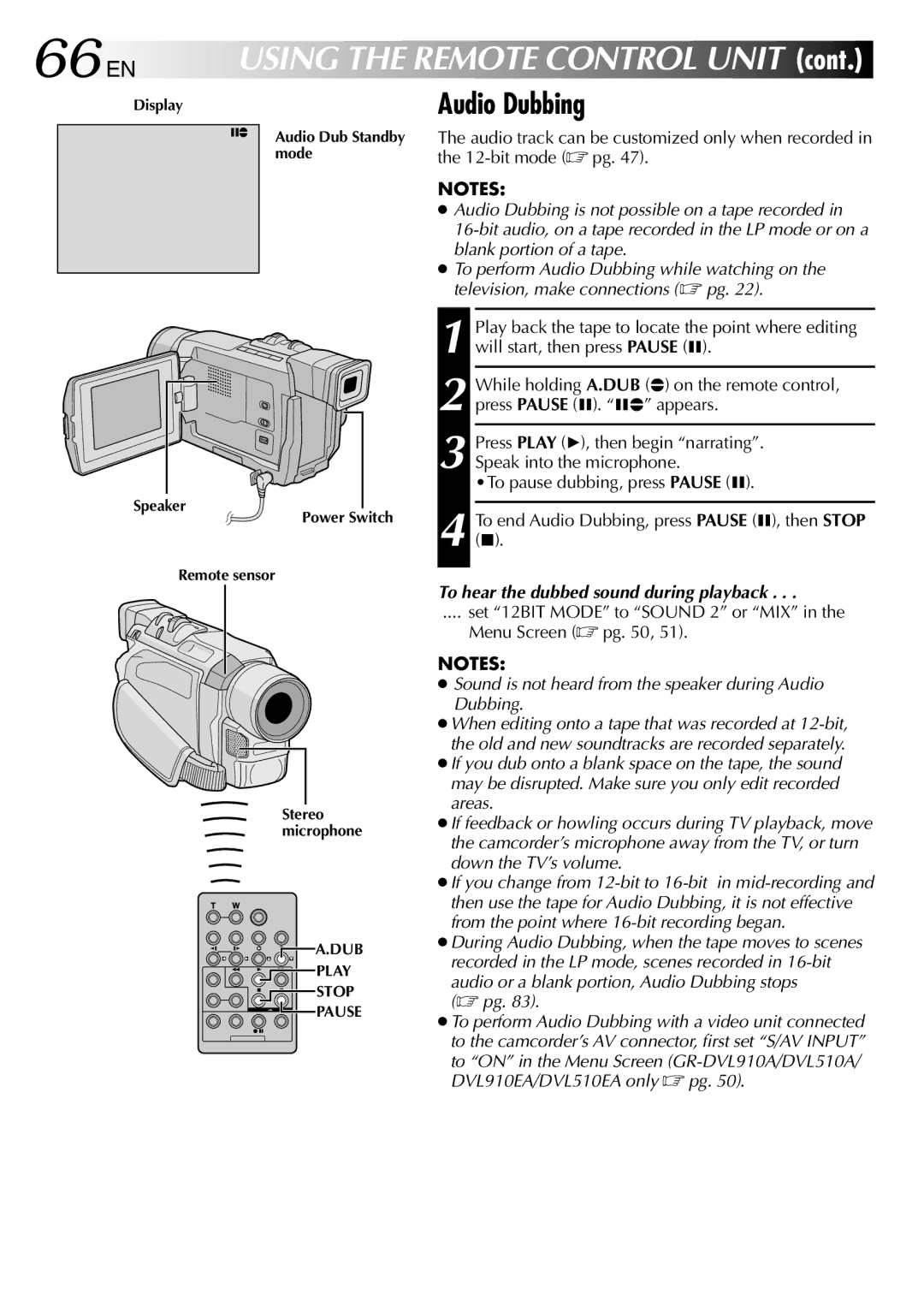 JVC GR-DVL910A, GR-DVL210A, GR-DVL210EA, GR-DVL313A 66 EN, Audio Dubbing, To hear the dubbed sound during playback 