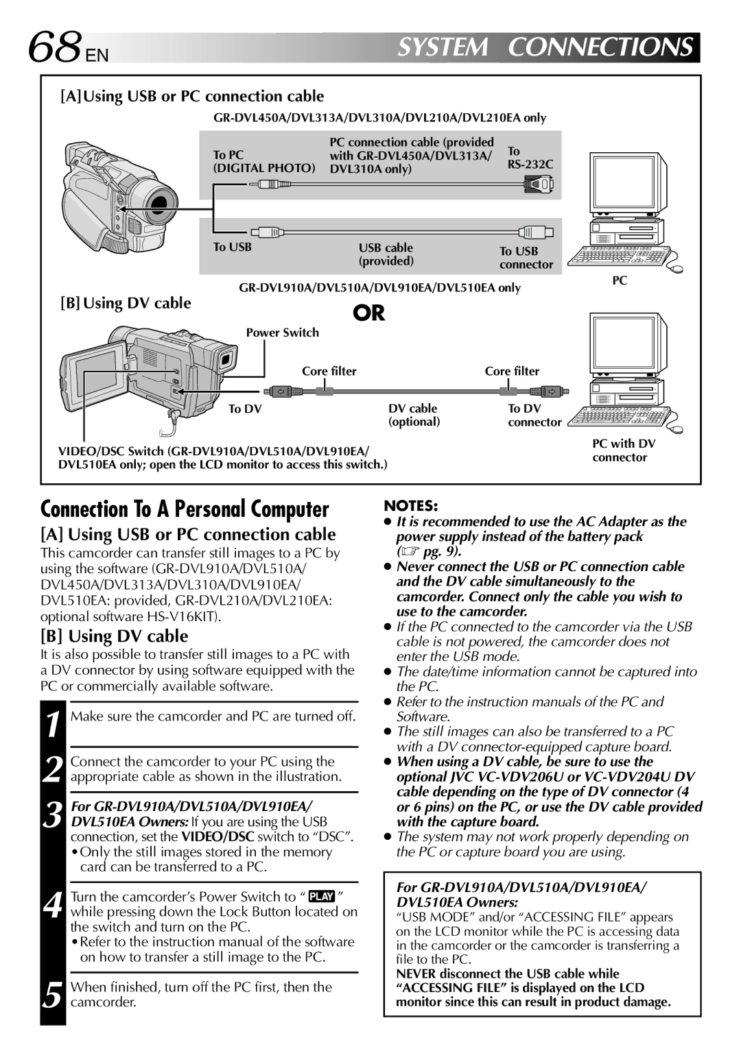 JVC GR-DVL510A, GR-DVL210A, GR-DVL210EA, GR-DVL313A, GR-DVL910A 68 EN, Using DV cable, AUsing USB or PC connection cable 