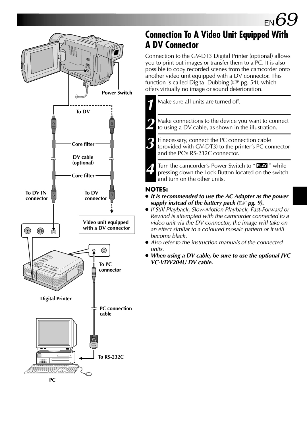 JVC GR-DVL510EA, GR-DVL210A, GR-DVL210EA, GR-DVL313A Connection To a Video Unit Equipped With a DV Connector, EN69 