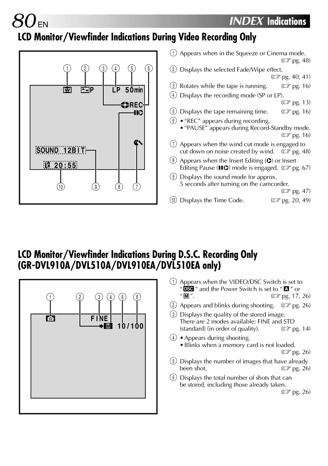 JVC GR-DVL310A, GR-DVL210A, GR-DVL210EA 80 EN, Appears and blinks during shooting.  pg, Standard in order of quality 