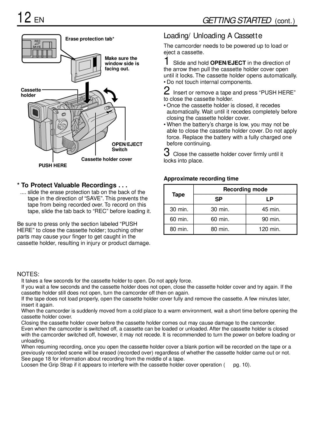 JVC GR-DVL220 specifications 12 EN, Loading/Unloading a Cassette, Approximate recording time Tape Recording mode 