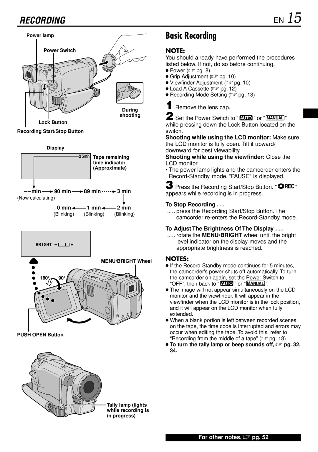 JVC GR-DVL220 specifications Basic Recording, Remove the lens cap Set the Power Switch to, To Stop Recording 