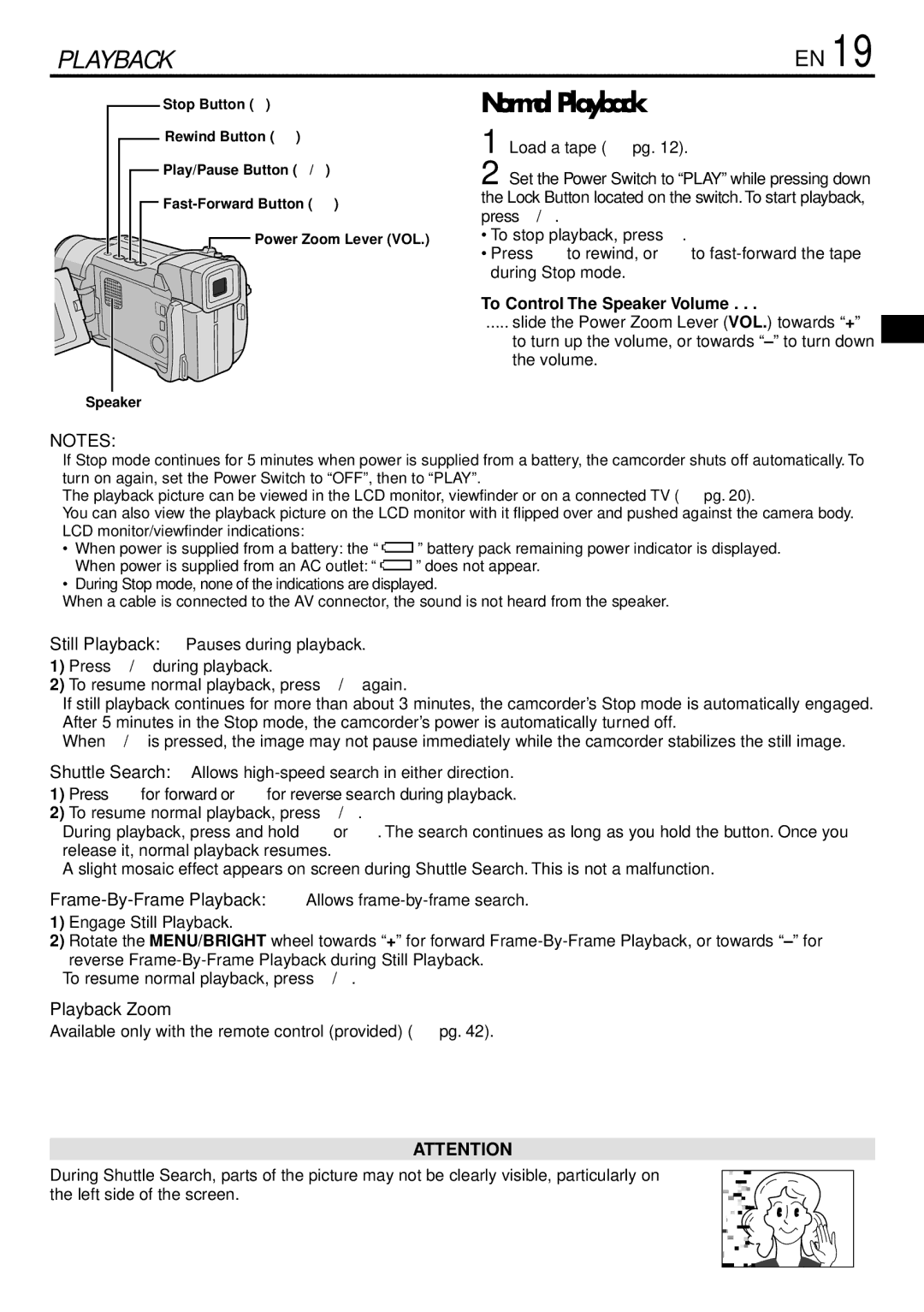 JVC GR-DVL220 specifications Normal Playback, To Control The Speaker Volume 