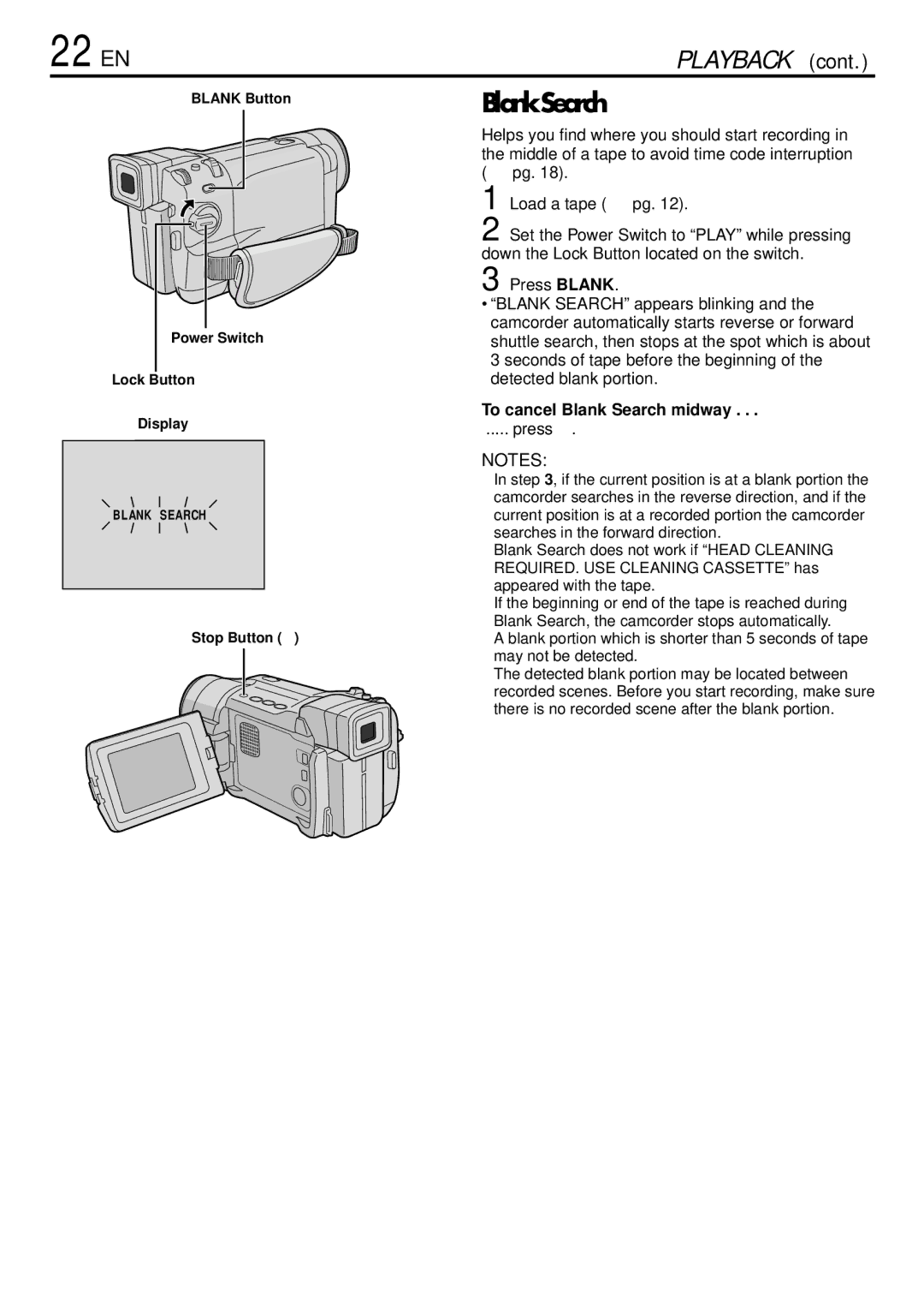 JVC GR-DVL220 specifications 22 EN, To cancel Blank Search midway, Press, Blank Button 