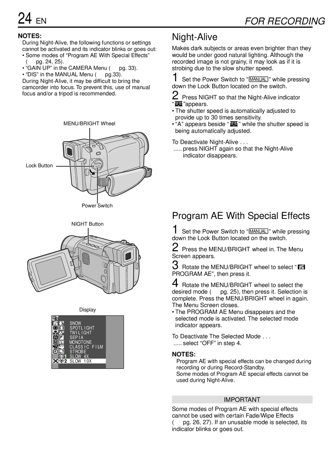 JVC GR-DVL220 24 EN, Program AE With Special Effects, To Deactivate Night-Alive, To Deactivate The Selected Mode 