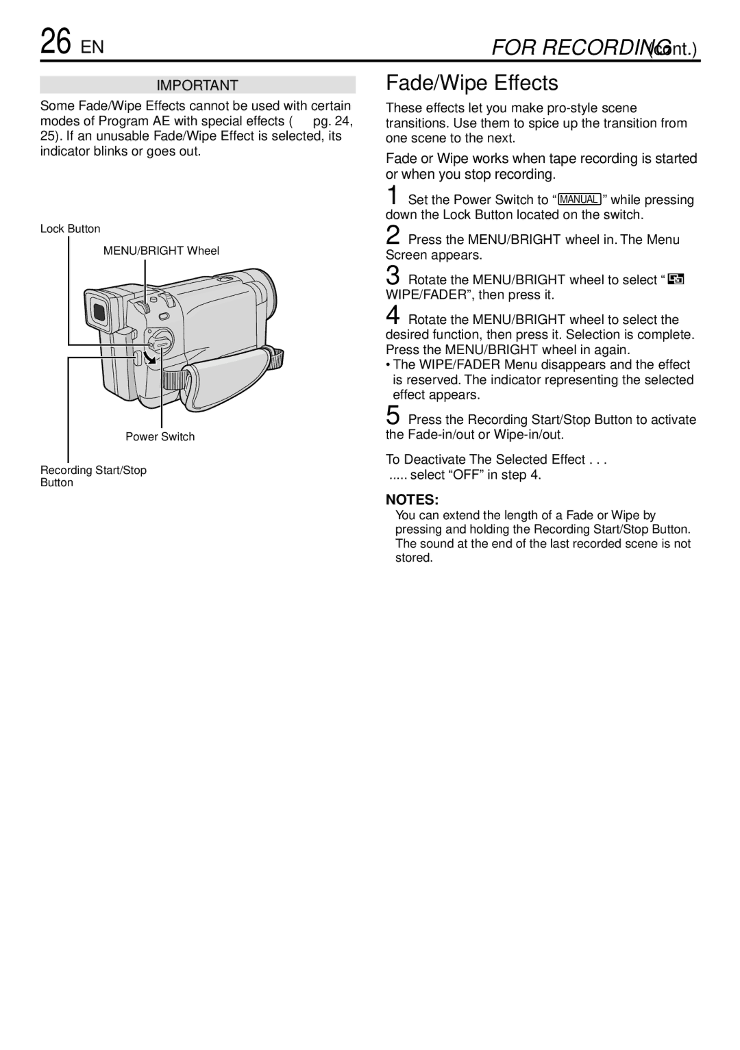 JVC GR-DVL220 specifications 26 EN, Fade/Wipe Effects, To Deactivate The Selected Effect, Select OFF in step 