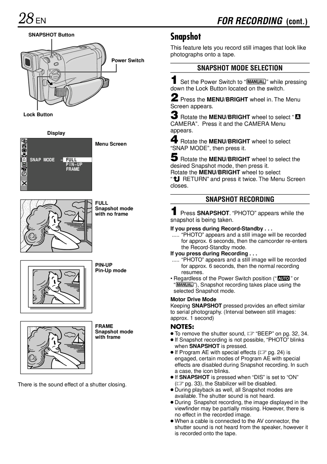 JVC GR-DVL220 specifications 28 EN, Snapshot Mode Selection, Snapshot Recording 