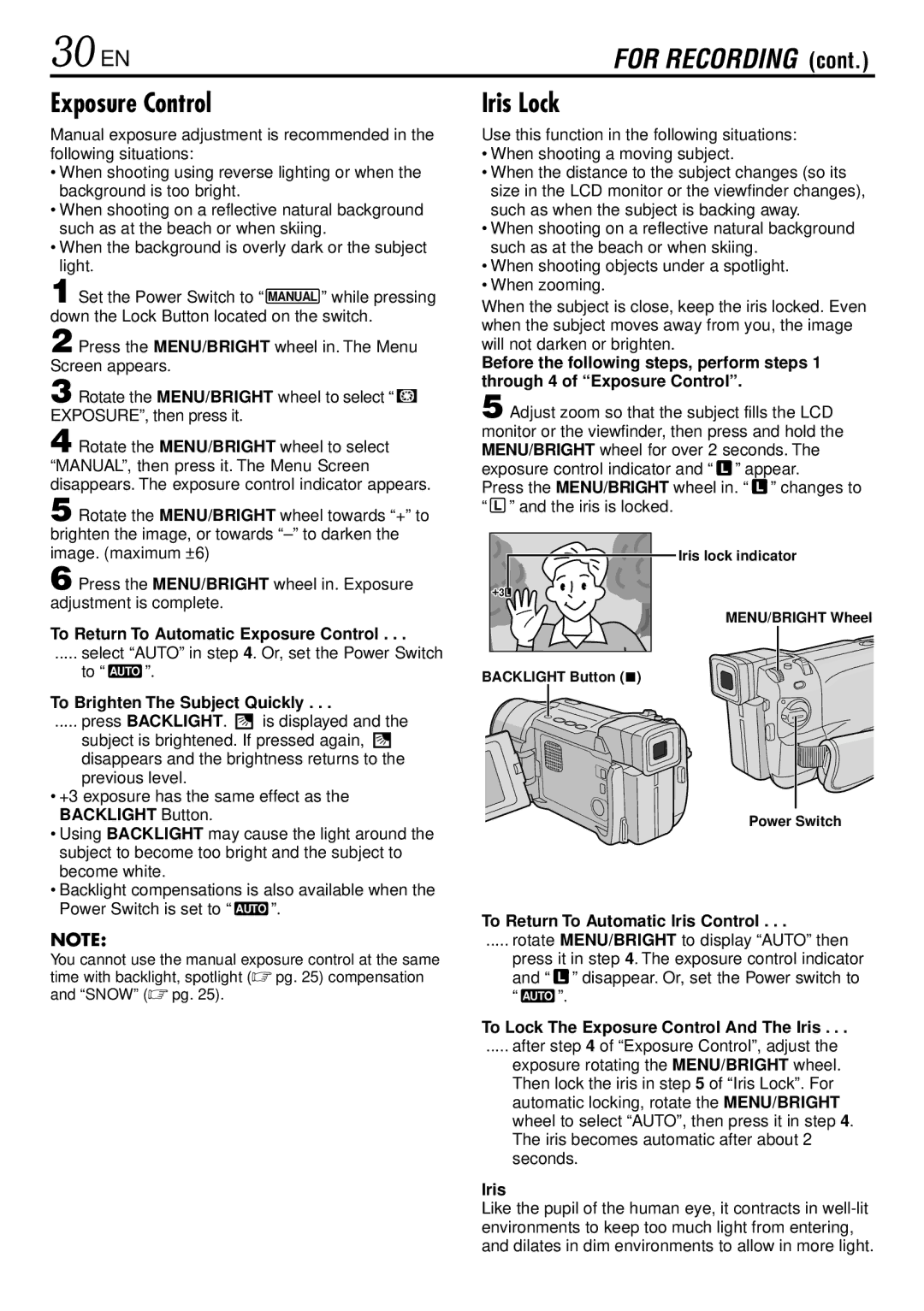 JVC GR-DVL220 specifications 30 EN, Exposure Control, Iris Lock 