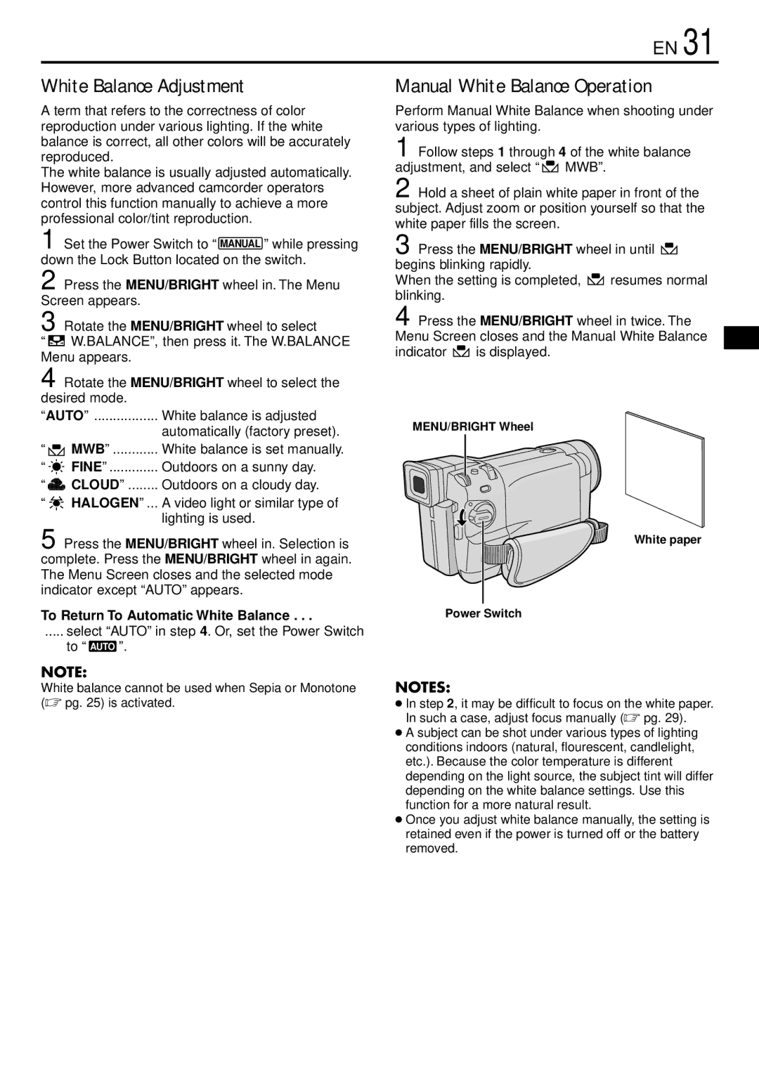 JVC GR-DVL220 specifications White Balance Adjustment, Manual White Balance Operation, Cloud, Halogen 