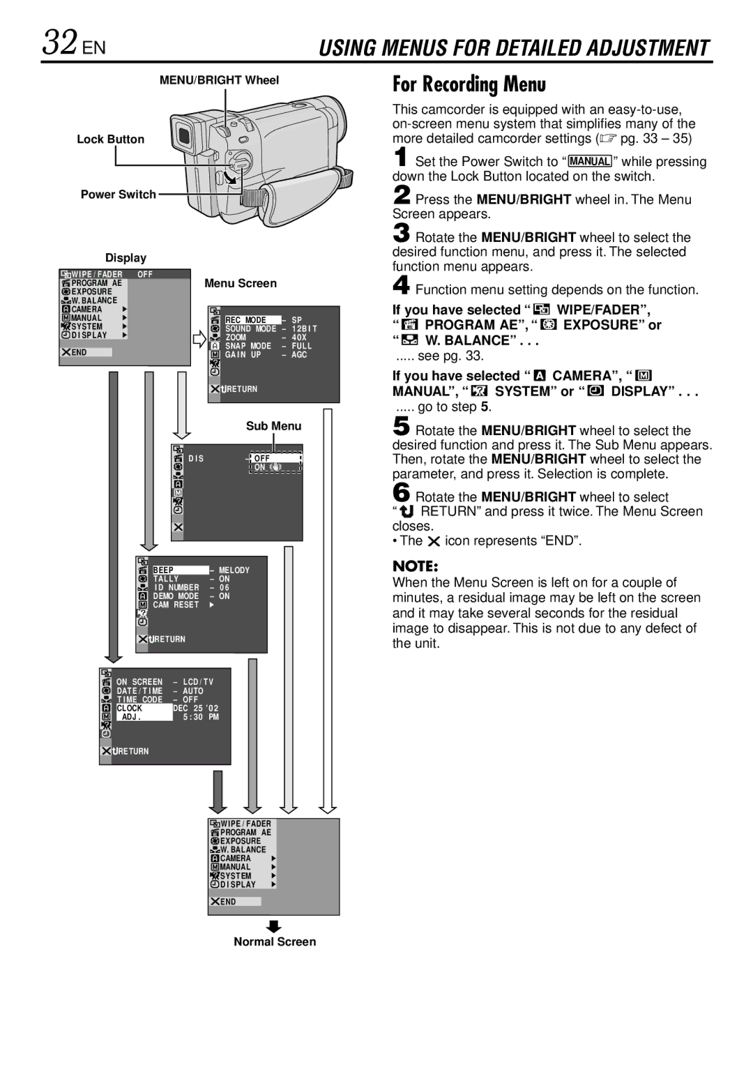 JVC GR-DVL220 specifications 32 EN, For Recording Menu, Wipe/Fader, Program AE 