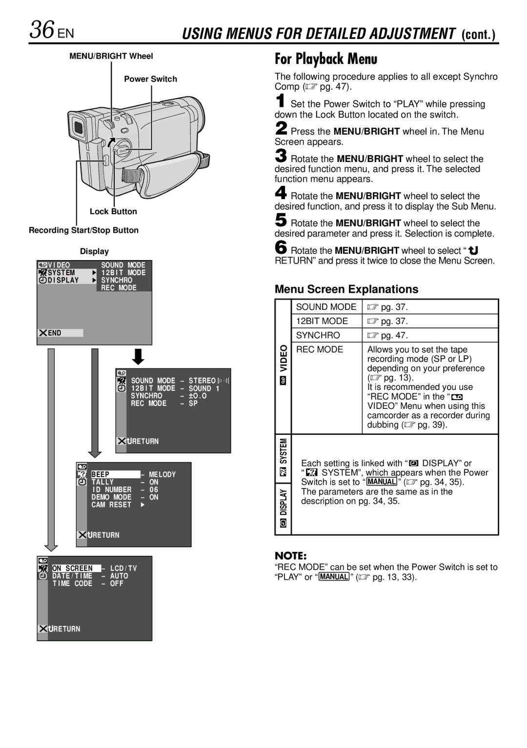 JVC GR-DVL220 specifications 36 EN, For Playback Menu, Following procedure applies to all except Synchro Comp  pg 