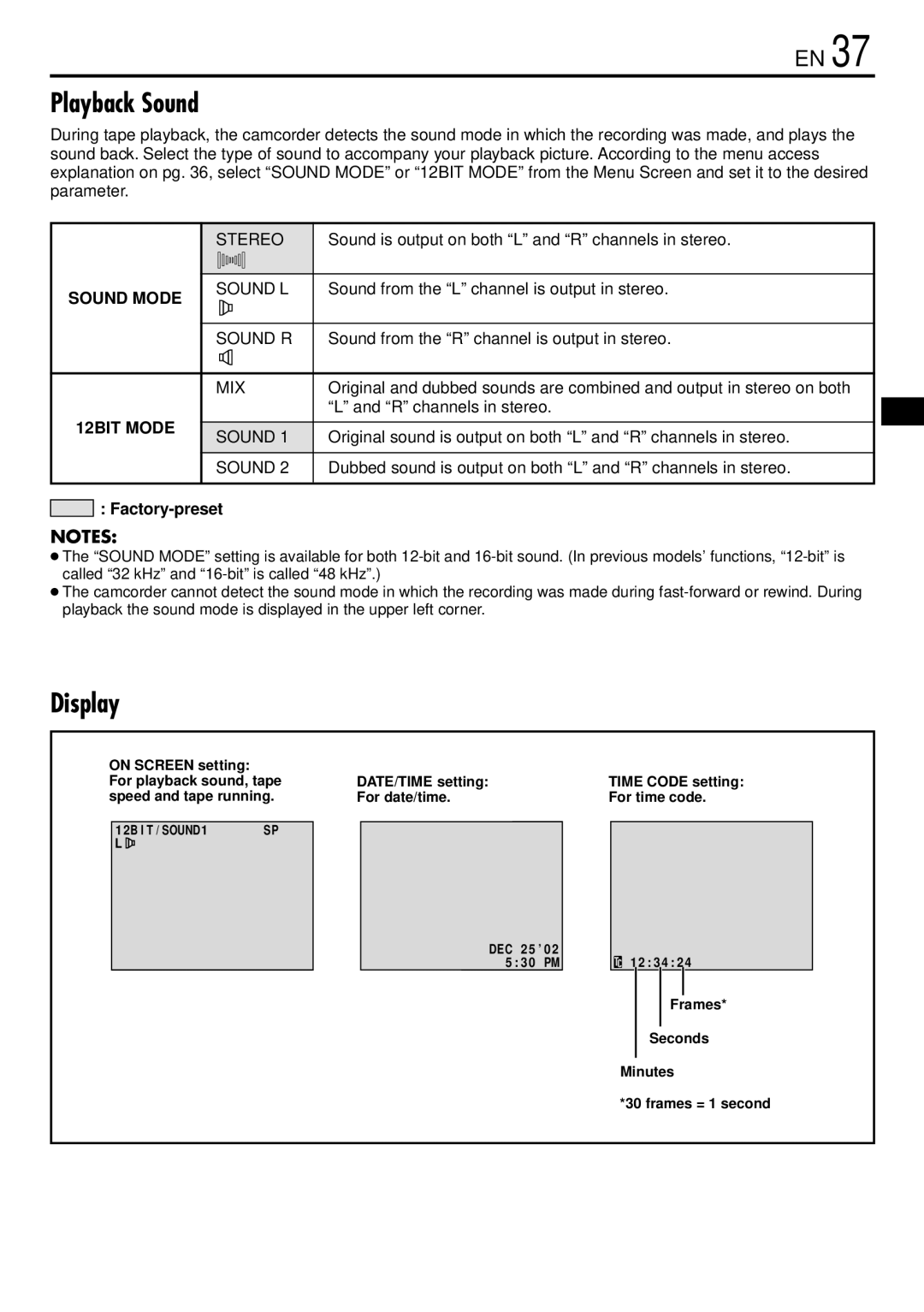 JVC GR-DVL220 specifications Playback Sound, Display 