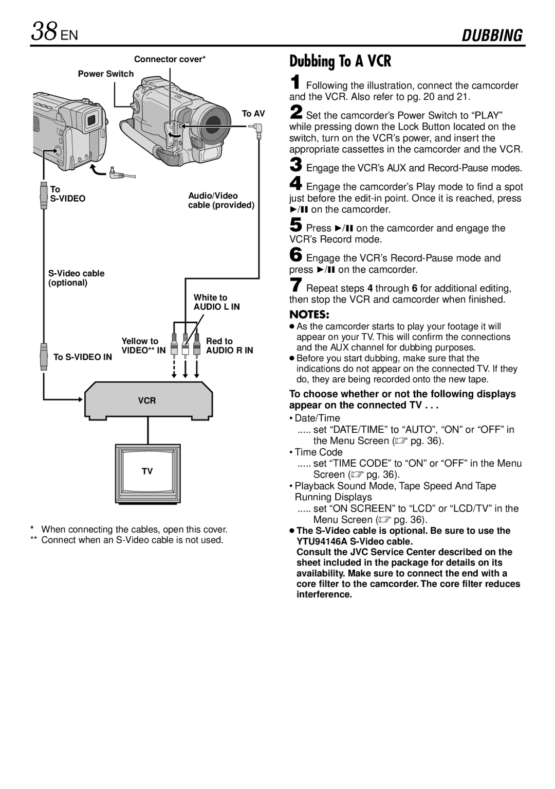 JVC GR-DVL220 38 EN, Dubbing To a VCR, Engage the VCR’s AUX and Record-Pause modes, Connector cover Power Switch To AV 