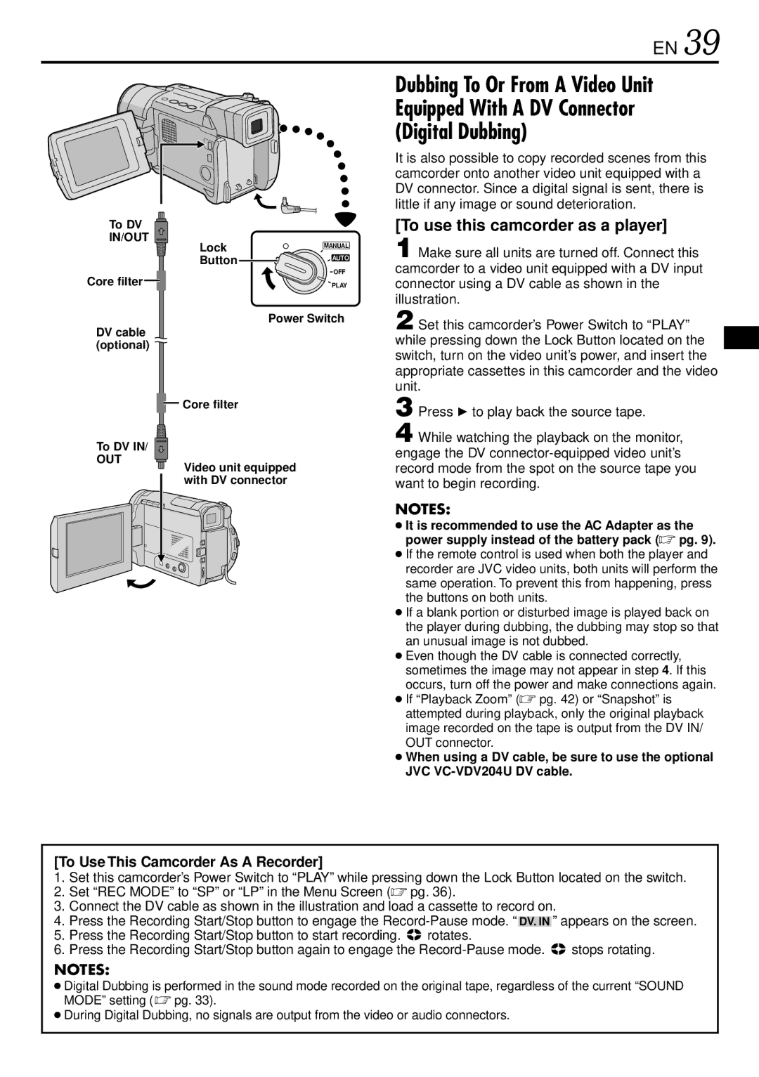 JVC GR-DVL220 specifications To use this camcorder as a player, To DV, Core filter DV cable optional 