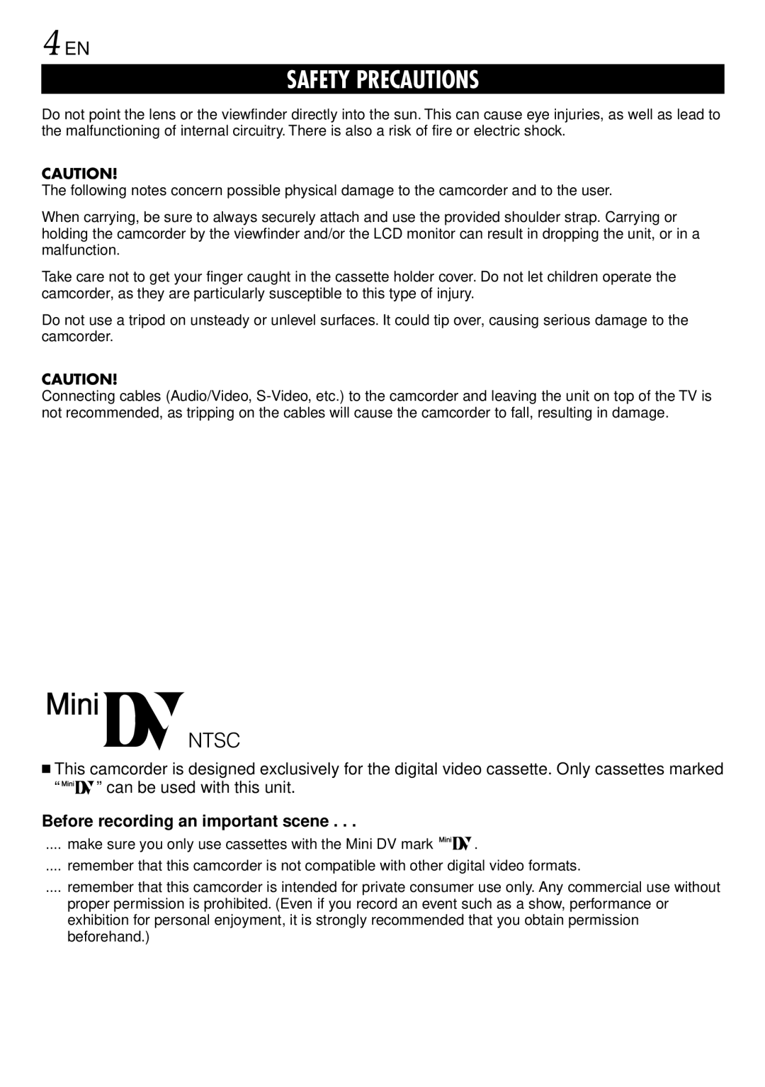 JVC GR-DVL220 specifications Before recording an important scene 