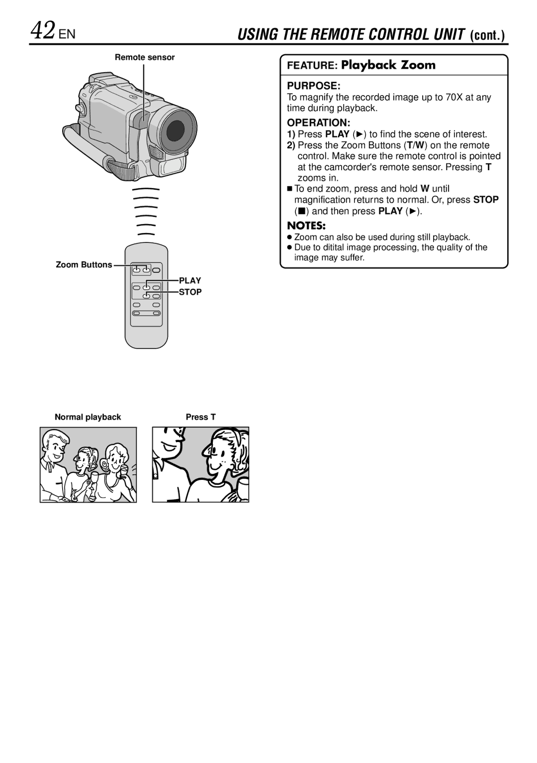 JVC GR-DVL220 specifications 42 EN, Time during playback, To magnify the recorded image up to 70X at any, Zoom Buttons 