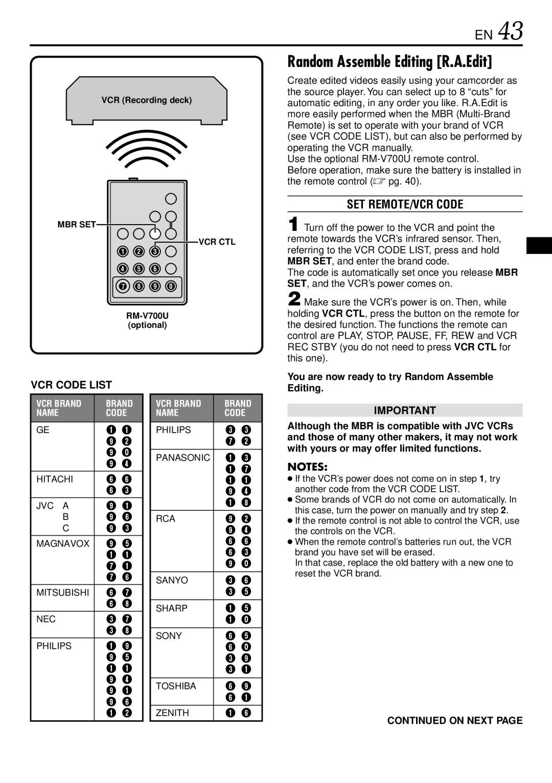 JVC GR-DVL220 SET REMOTE/VCR Code, You are now ready to try Random Assemble Editing, VCR Recording deck, RM-V700U optional 